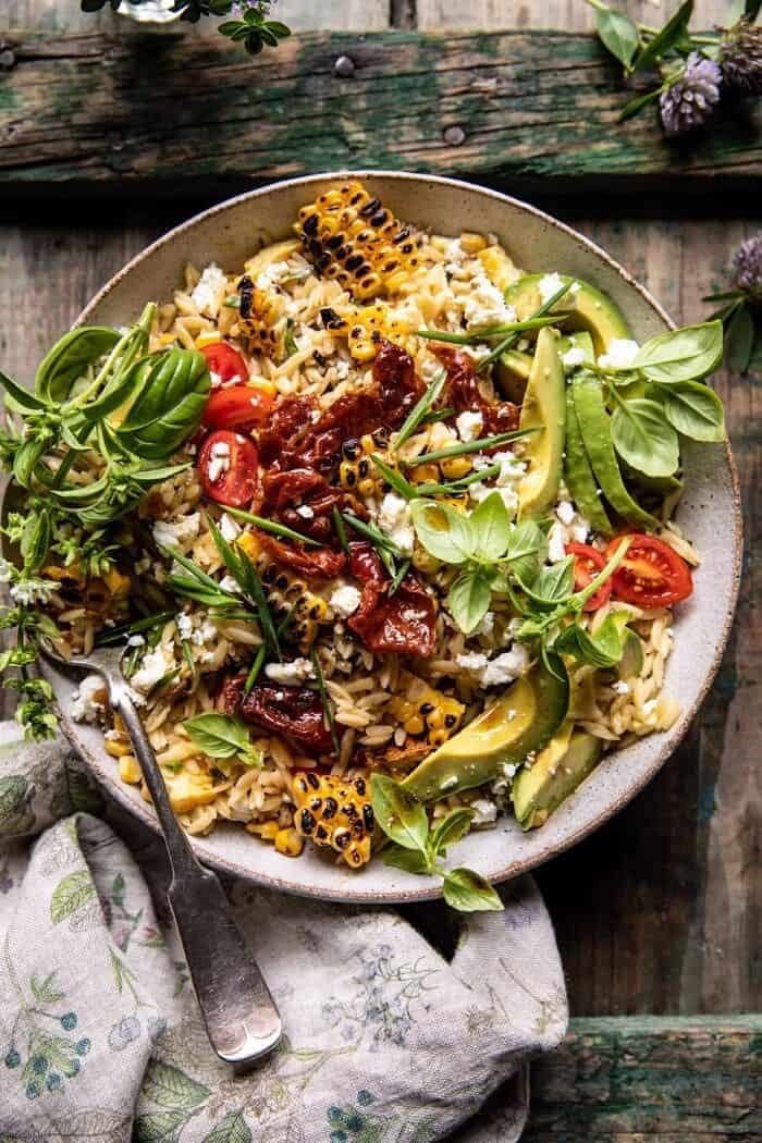 Brown Butter Corn and Feta Orzo with Crispy Prosciutto | halfbakedharvest.com overhead photo of Brown Butter Corn and Feta Orzo with Crispy Prosciutto