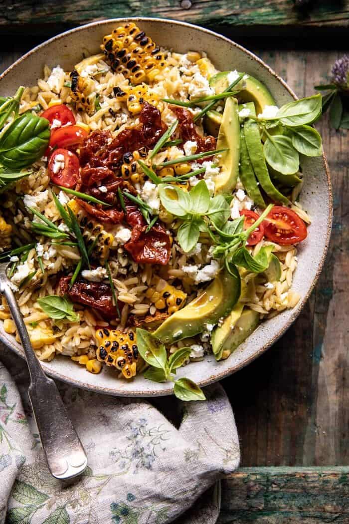 Brown Butter Corn and Feta Orzo with Crispy Prosciutto | halfbakedharvest.com overhead close up photo of Brown Butter Corn and Feta Orzo with Crispy Prosciutto