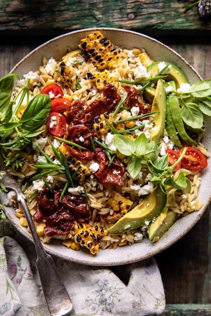 Brown Butter Corn and Feta Orzo with Crispy Prosciutto | halfbakedharvest.com overhead photo of Brown Butter Corn and Feta Orzo with Crispy Prosciutto