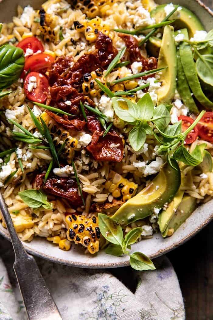 Brown Butter Corn and Feta Orzo with Crispy Prosciutto | halfbakedharvest.com overhead close up photo of Brown Butter Corn and Feta Orzo with Crispy Prosciutto