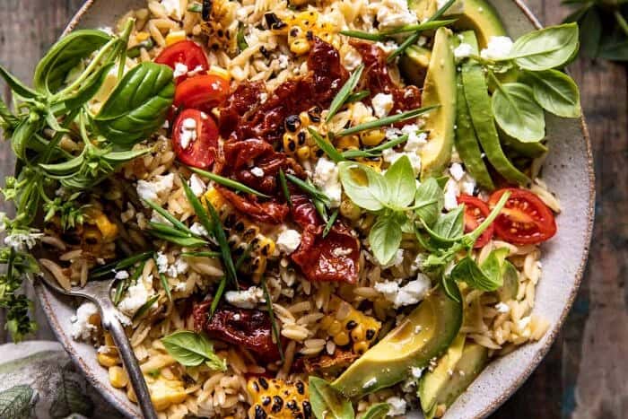 Brown Butter Corn and Feta Orzo with Crispy Prosciutto | halfbakedharvest.com overhead horizontal photo of Brown Butter Corn and Feta Orzo with Crispy Prosciutto