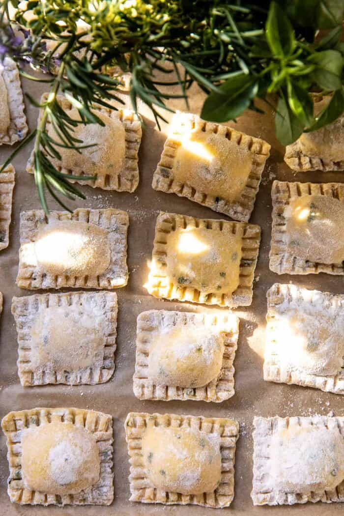 Browned Garlic Butter Creamed Corn Cheese Ravioli | halfbakedharvest.com overhead photo of uncooked Cheese Ravioli before boiling