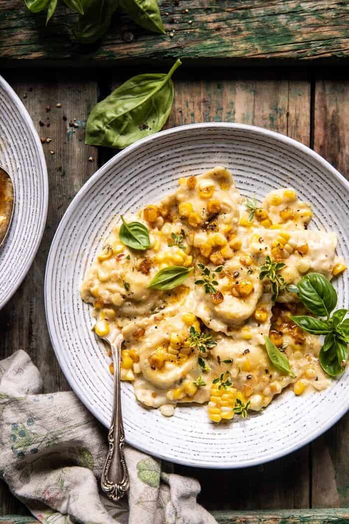 Browned Garlic Butter Creamed Corn Cheese Ravioli | halfbakedharvest.com overhead photo of Browned Garlic Butter Creamed Corn Cheese Ravioli