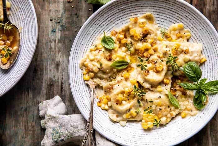 Browned Garlic Butter Creamed Corn Cheese Ravioli | halfbakedharvest.com overhead horizontal photo of Browned Garlic Butter Creamed Corn Cheese Ravioli