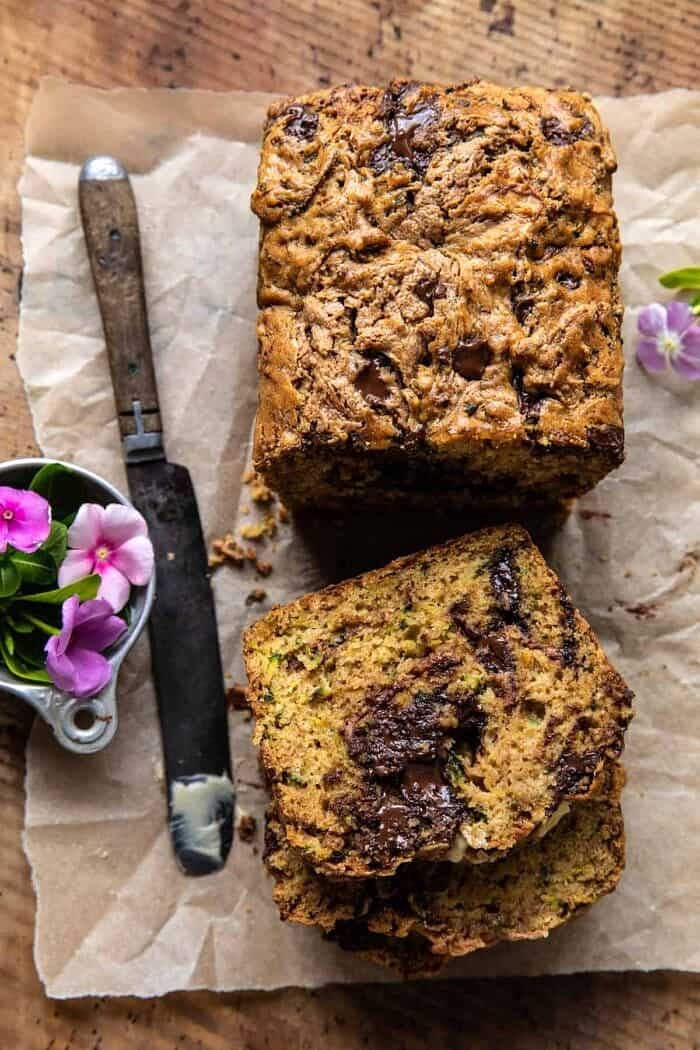 Chocolate Chunk Almond Butter Zucchini Bread | halfbakedharvest.com overhead photo of Chocolate Chunk Almond Butter Zucchini Bread
