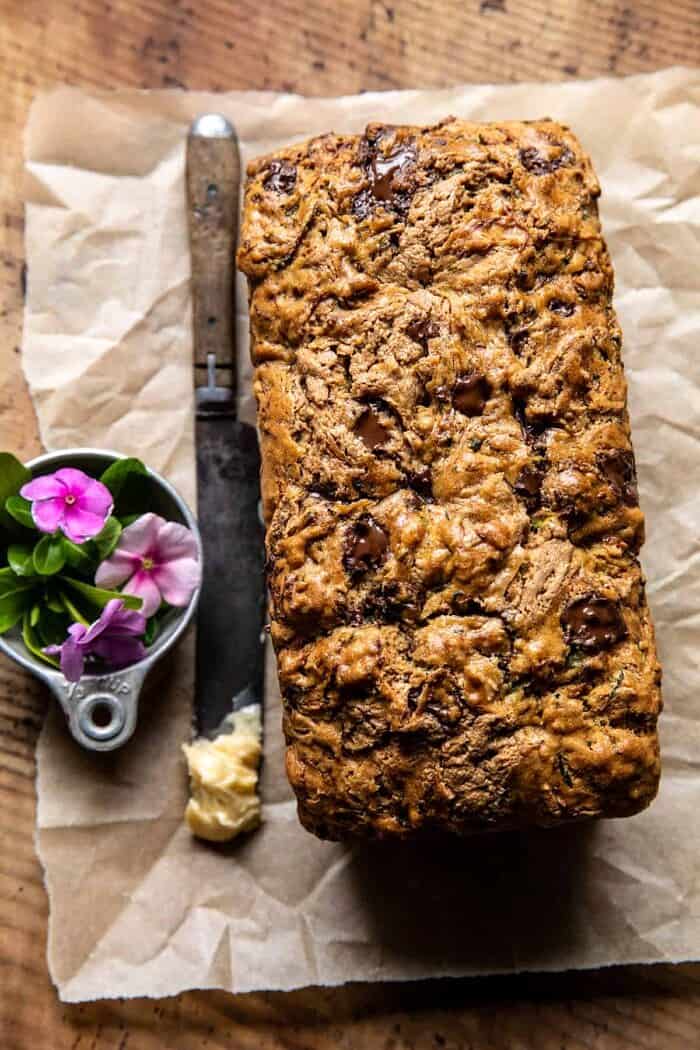 Chocolate Chunk Almond Butter Zucchini Bread | halfbakedharvest.com overhead photo of Chocolate Chunk Almond Butter Zucchini Bread