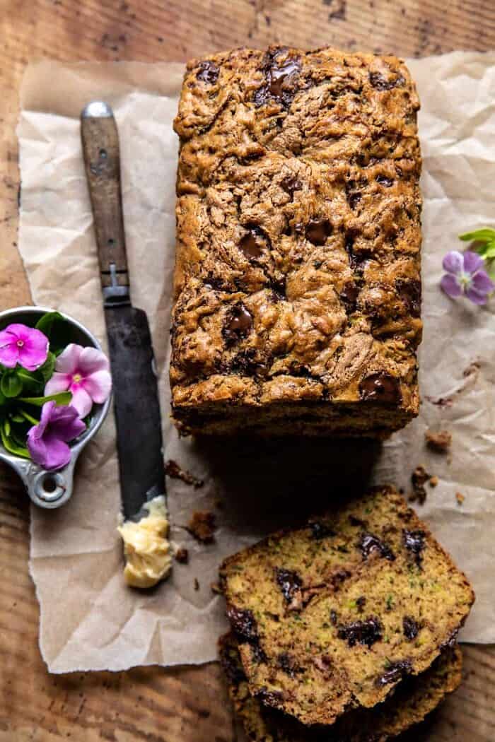Chocolate Chunk Almond Butter Zucchini Bread | halfbakedharvest.com overhead photo of Chocolate Chunk Almond Butter Zucchini Bread