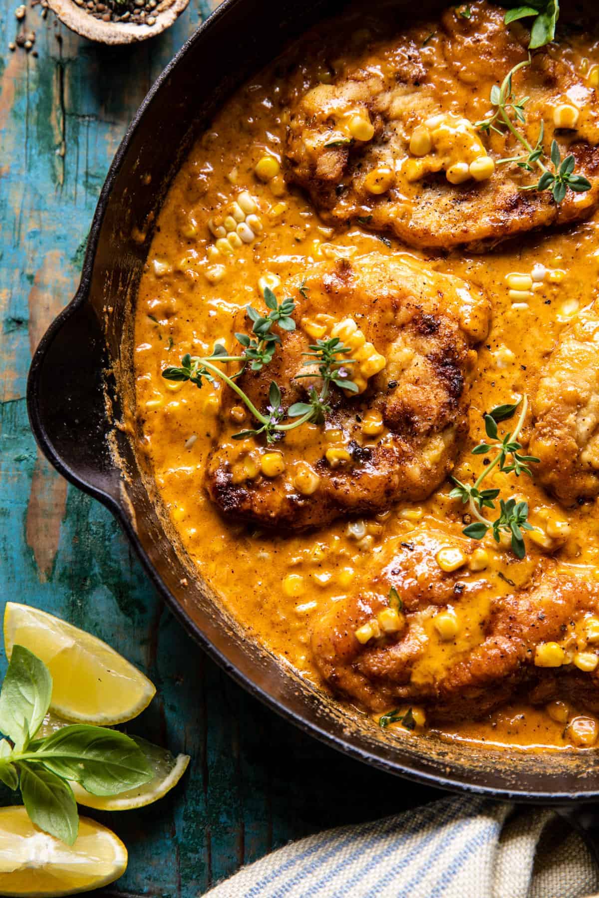 Creamy Cajun Skillet Chicken Lazone with Herby Corn | halfbakedharvest.com