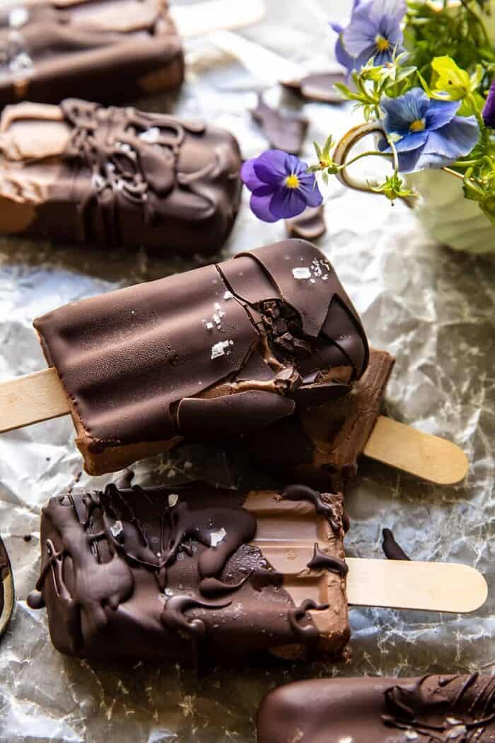 three quarters close up photo of Creamy Vegan Chocolate Fudge Pops 