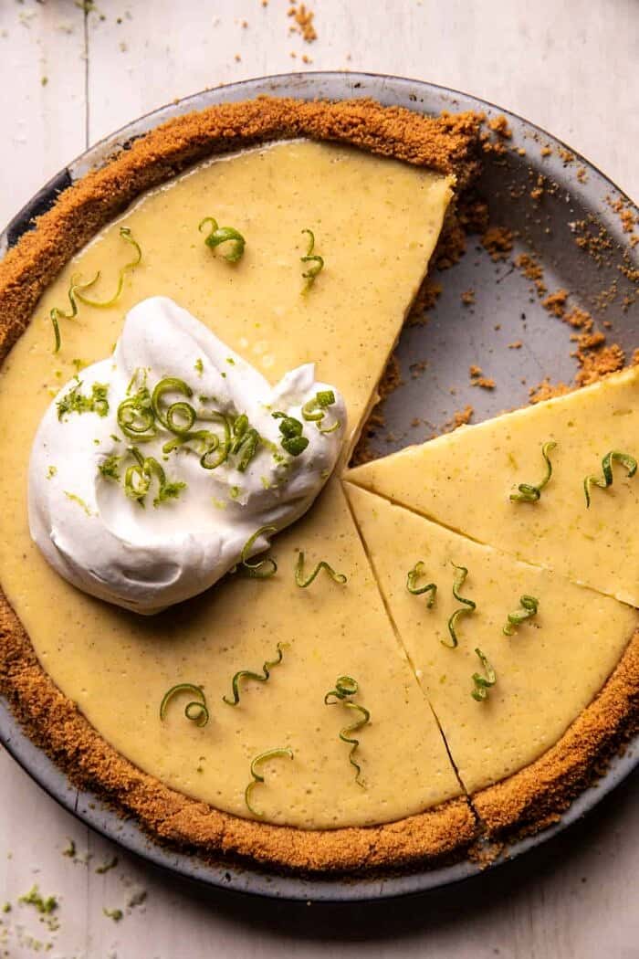 overhead close up photo of Double Stuffed Vanilla Key Lime Pie 