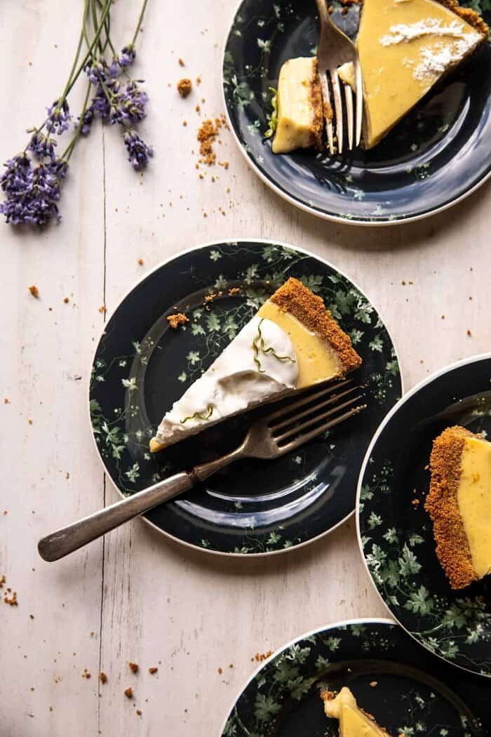 overhead photo of Double Stuffed Vanilla Key Lime Pie slices on serving plates