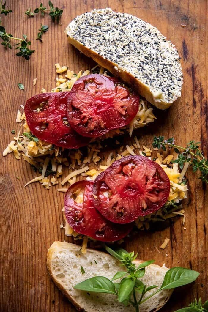 Everything Cheddar Tomato Bacon Grilled Cheese | halfbakedharvest.com overhead prep photo of Everything Cheddar Tomato Bacon Grilled Cheese before cooking