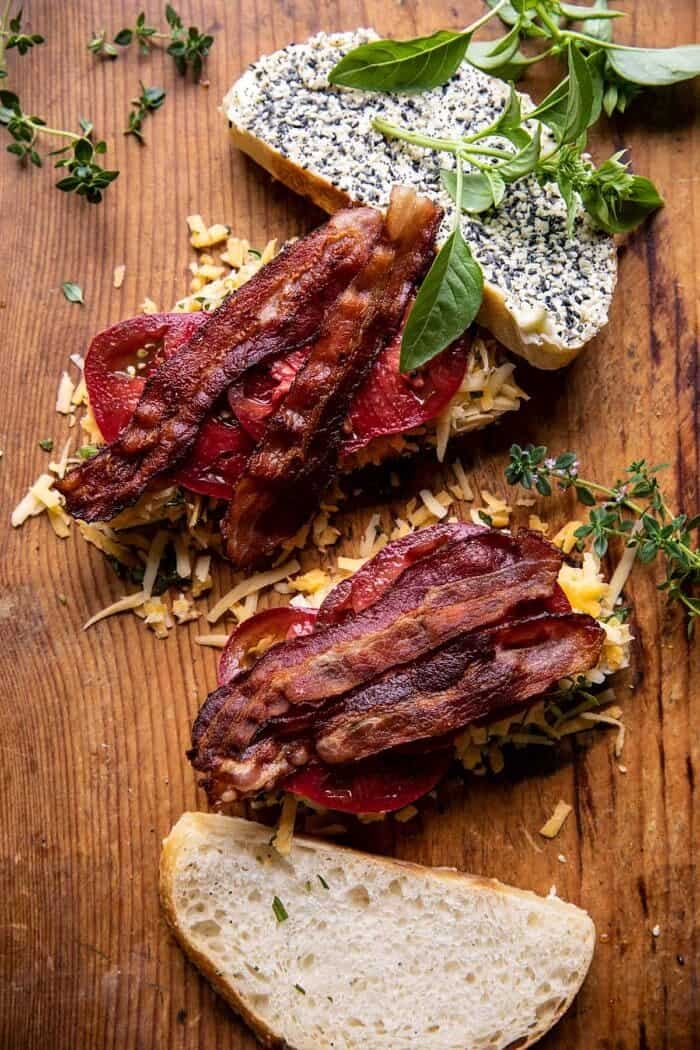 Everything Cheddar Tomato Bacon Grilled Cheese | halfbakedharvest.com overhead prep photo of Everything Cheddar Tomato Bacon Grilled Cheese