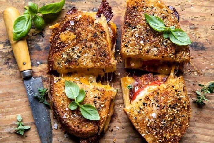 Everything Cheddar Tomato Bacon Grilled Cheese | halfbakedharvest.com overhead horizontal photo of Everything Cheddar Tomato Bacon Grilled Cheese