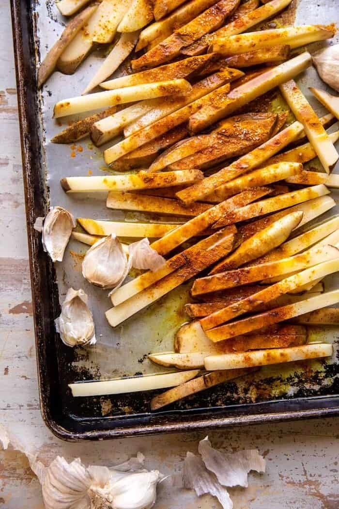 overhead prep photo of Golden Butter Fries before baking