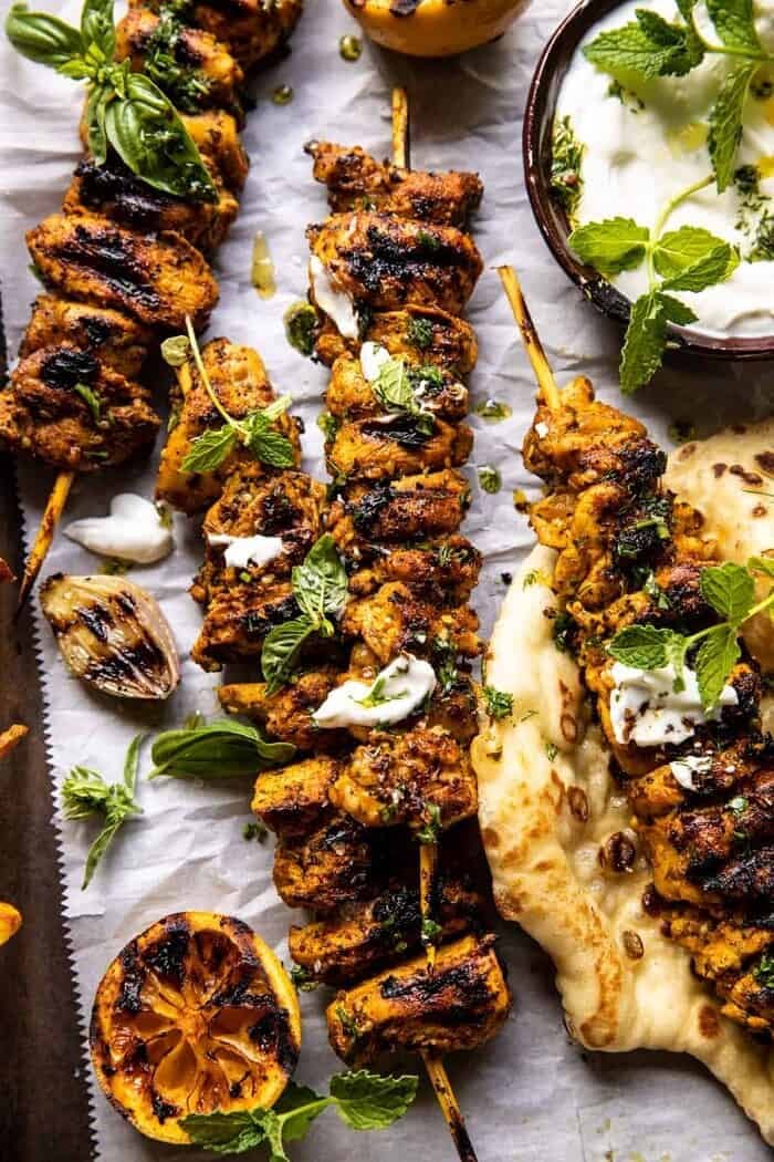 overhead close up photo of Grilled Chicken Shawarma with Golden Butter Fries and Garlic Sauce 