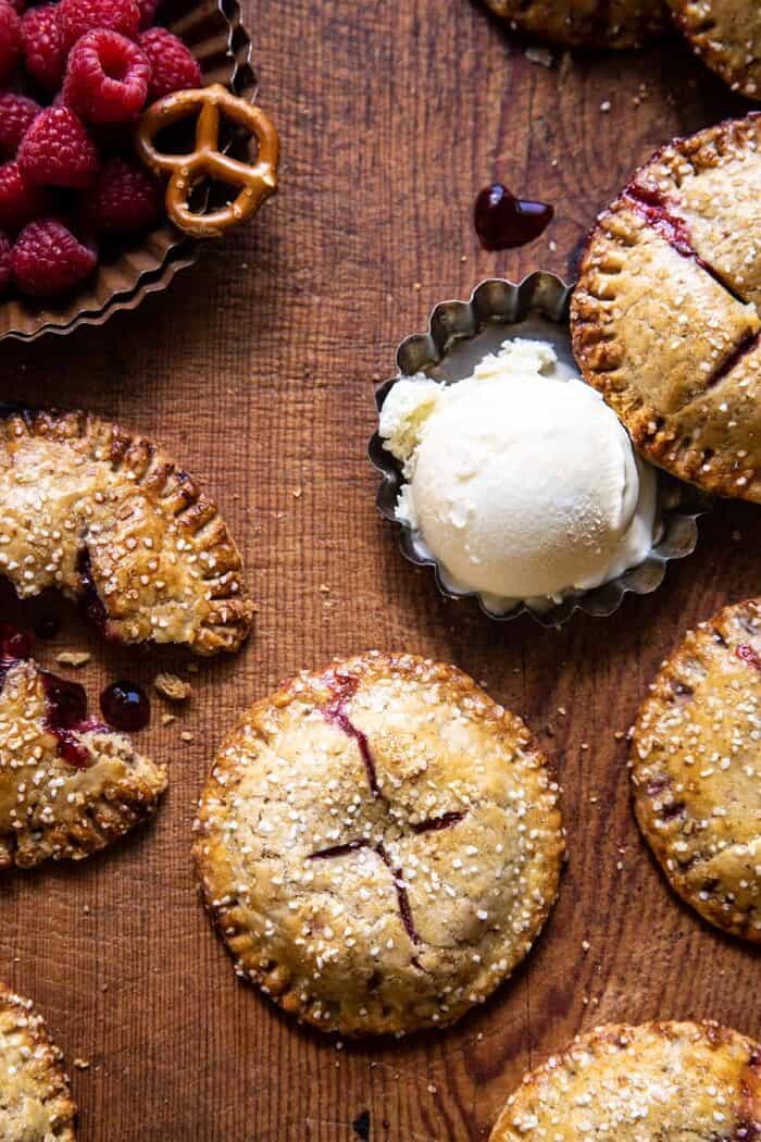 overhead photo of Jammy Raspberry Cream Pretzel Hand Pies 