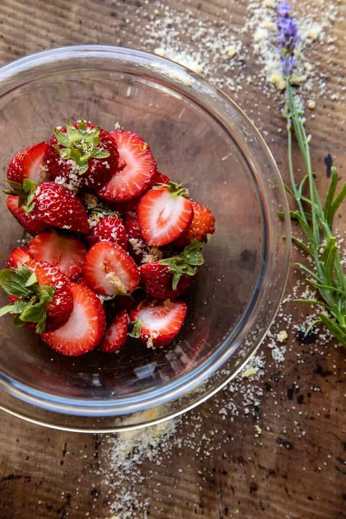 overhead photo of Lemon Strawberries before adding to the dutch baby