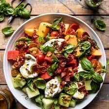 Melon Basil Burrata Salad with Crispy Prosciutto | halfbakedharvest.com