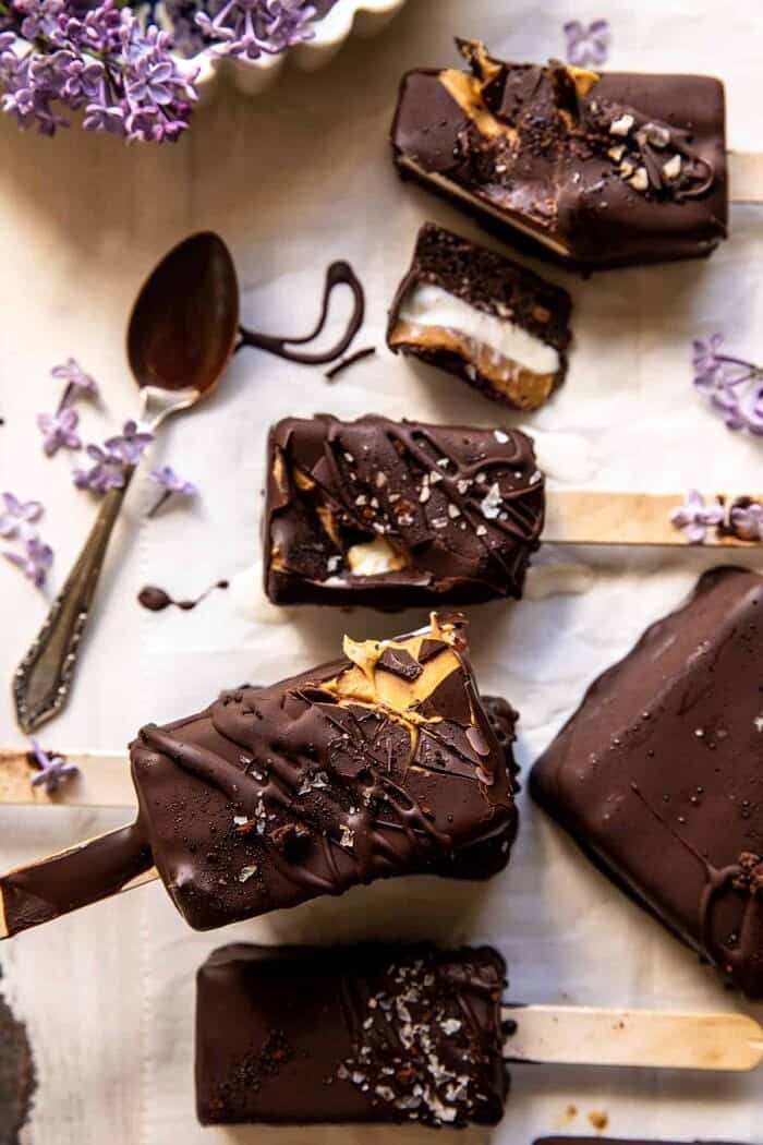 overhead photo of Peanut Butter Brownie Ice Cream Bars 