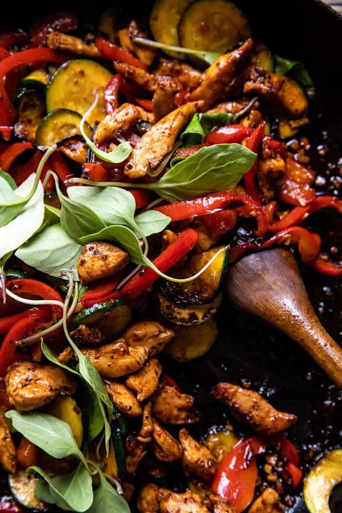 Saucy Thai Summer Noodle Stir Fry in skillet 