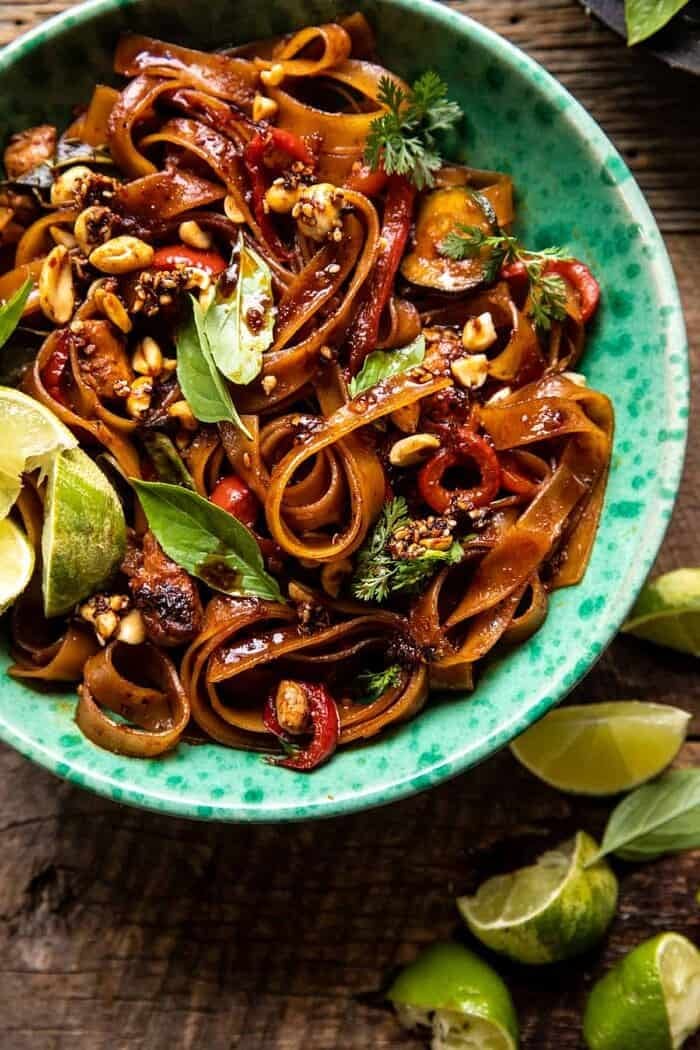 overhead close up photo of Saucy Thai Summer Noodle Stir Fry with Sesame Peanuts