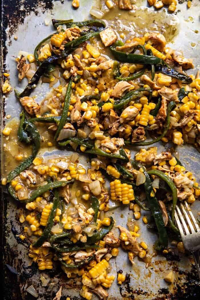 overhead photo of Sheet Pan Chipotle Cheddar Corn Chicken mixture
