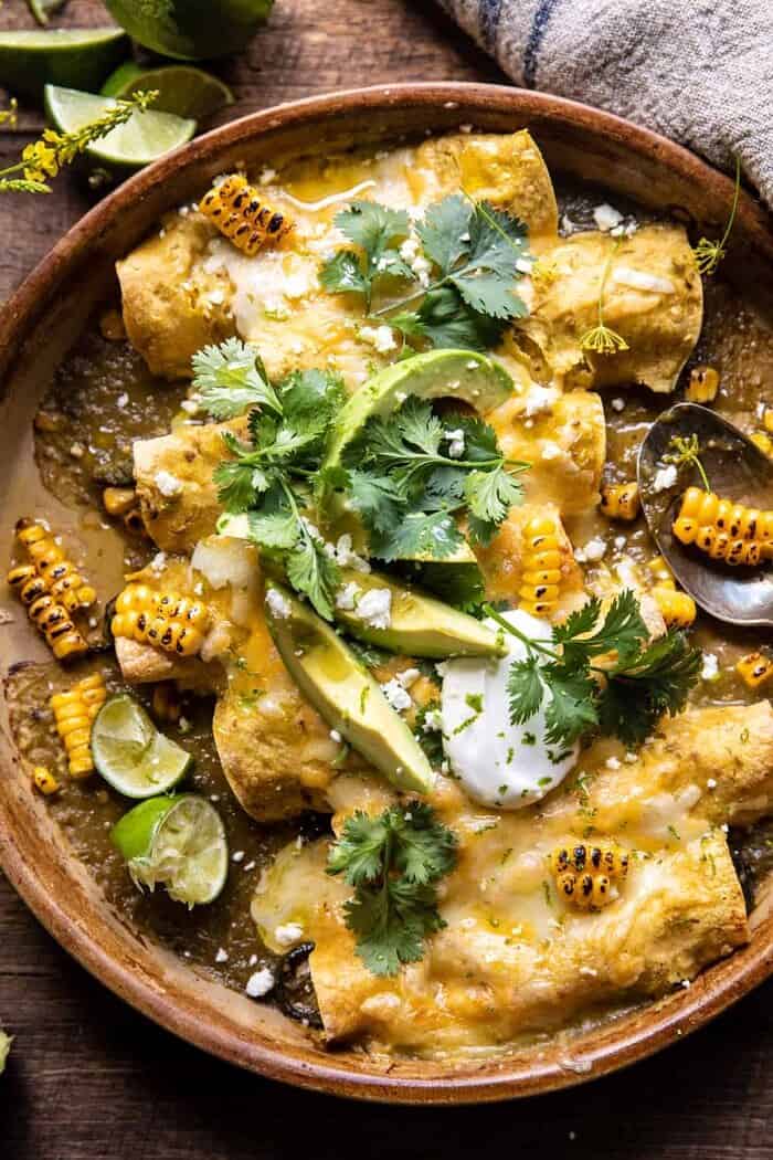 overhead photo of Sheet Pan Chipotle Cheddar Corn Chicken Enchiladas