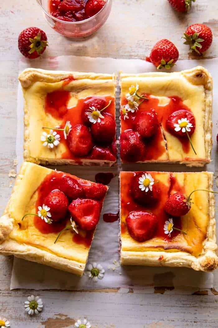 overhead photo of Simple Strawberry Chamomile Cheesecake