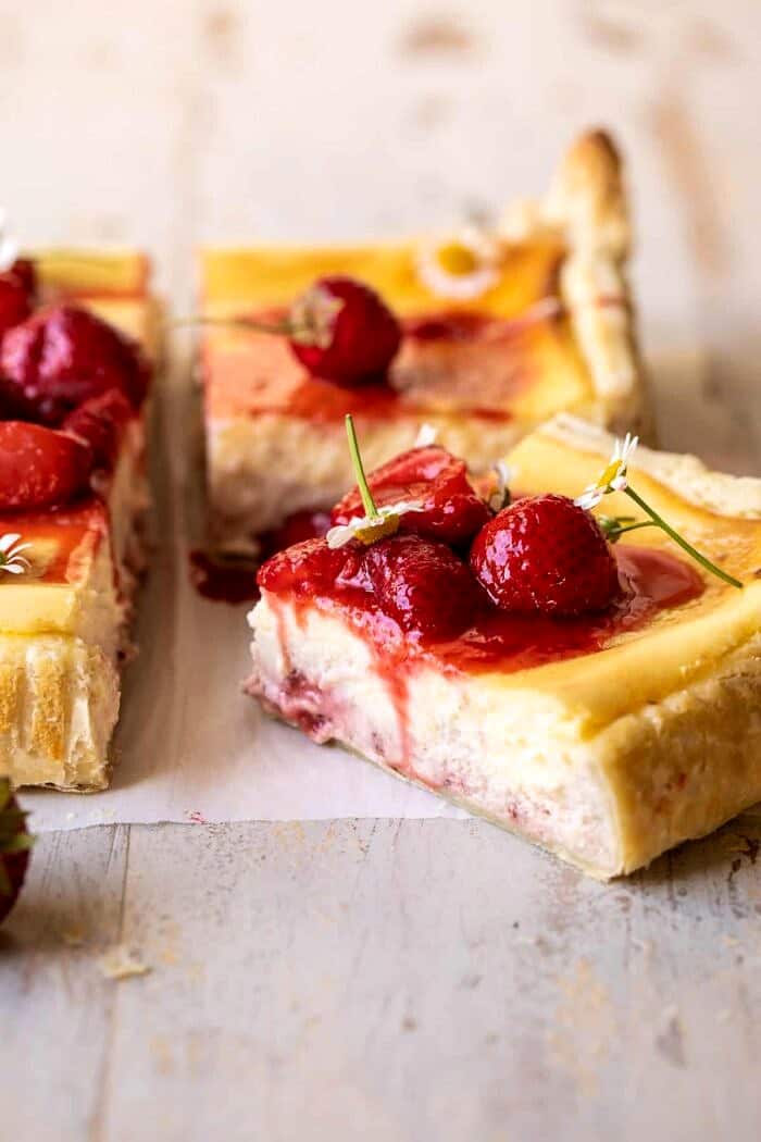 side angle photo of Simple Strawberry Chamomile Cheesecake slice