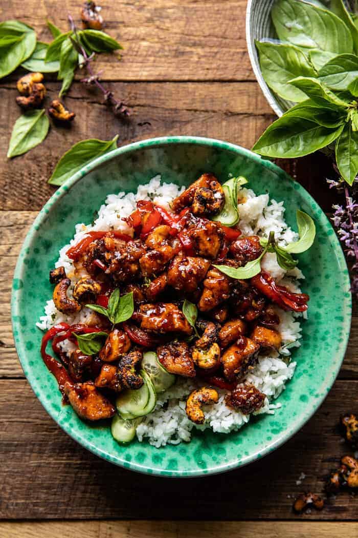 Thai Basil Sesame Cashew Chicken with Coconut Rice | halfbakedharvest.com