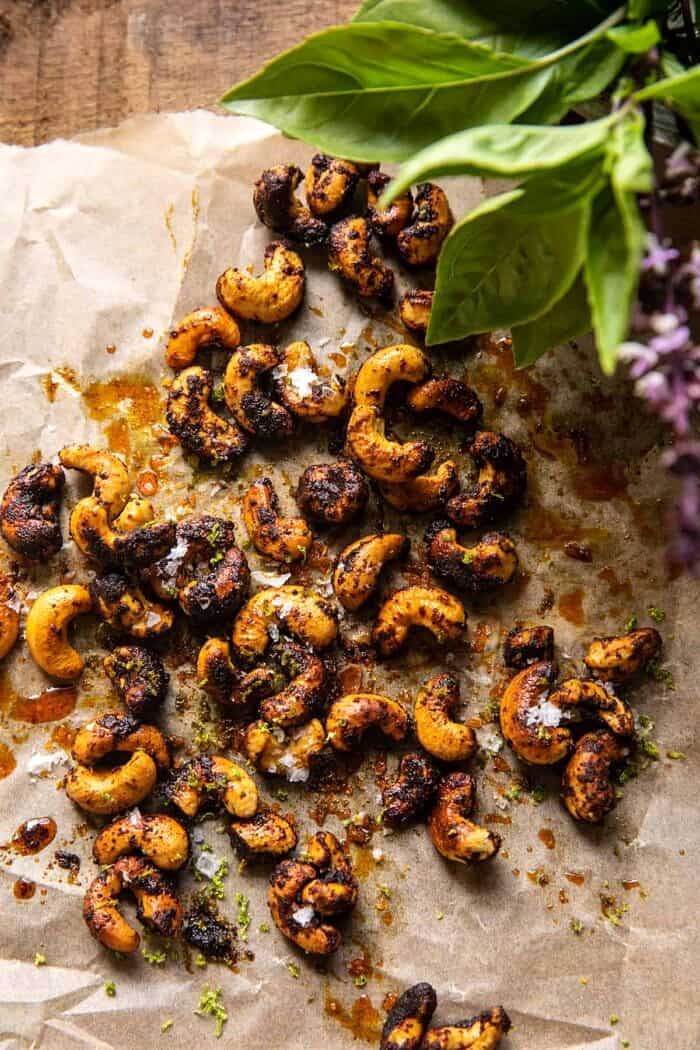 Thai Basil Sesame Cashew Chicken with Coconut Rice | halfbakedharvest.com overhead photo of chili lime cashews