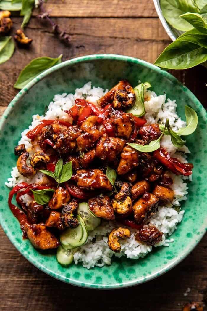 Thai Basil Sesame Cashew Chicken with Coconut Rice | halfbakedharvest.com overhead close up photo of Thai Basil Sesame Cashew Chicken with Coconut Rice