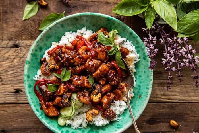Thai Basil Sesame Cashew Chicken with Coconut Rice | halfbakedharvest.com overhead photo of Thai Basil Sesame Cashew Chicken with Coconut Rice