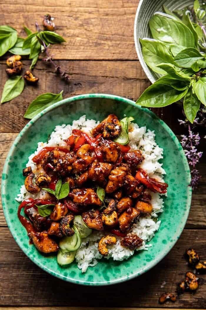 Thai Basil Sesame Cashew Chicken with Coconut Rice | halfbakedharvest.com overhead photo of Thai Basil Sesame Cashew Chicken with Coconut Rice