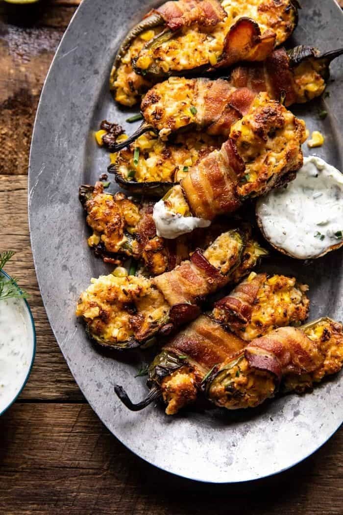 overhead close up photo of Bacon Wrapped Cheddar Corn Jalapeño Poppers