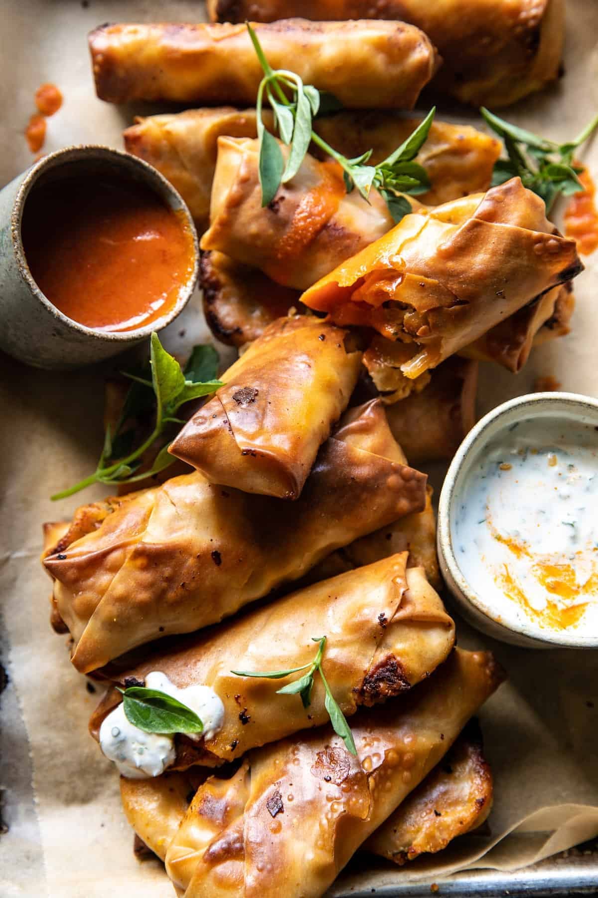 Baked Buffalo Chicken Egg Rolls with Cilantro Lime Ranch | halfbakedharvest.com