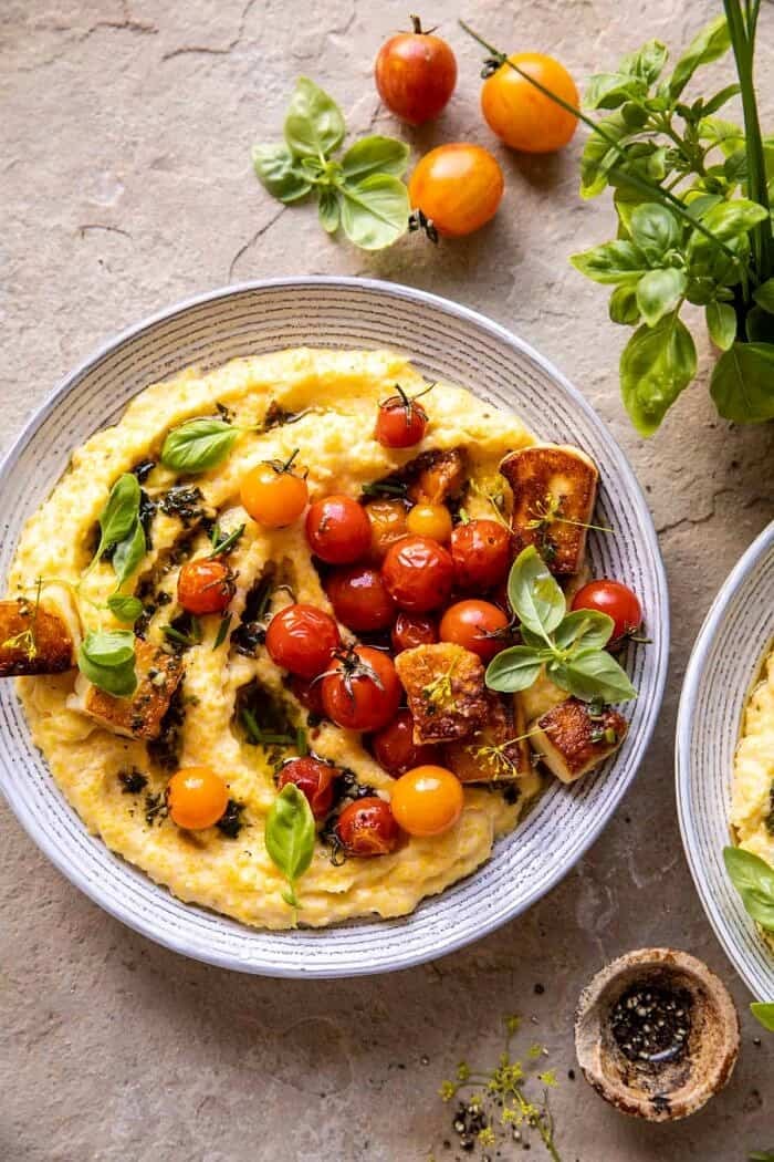 Cherry Tomato Pesto Polenta with Fried Halloumi | halfbakedharvest.com overhead photo of Cherry Tomato Pesto Polenta with Fried Halloumi