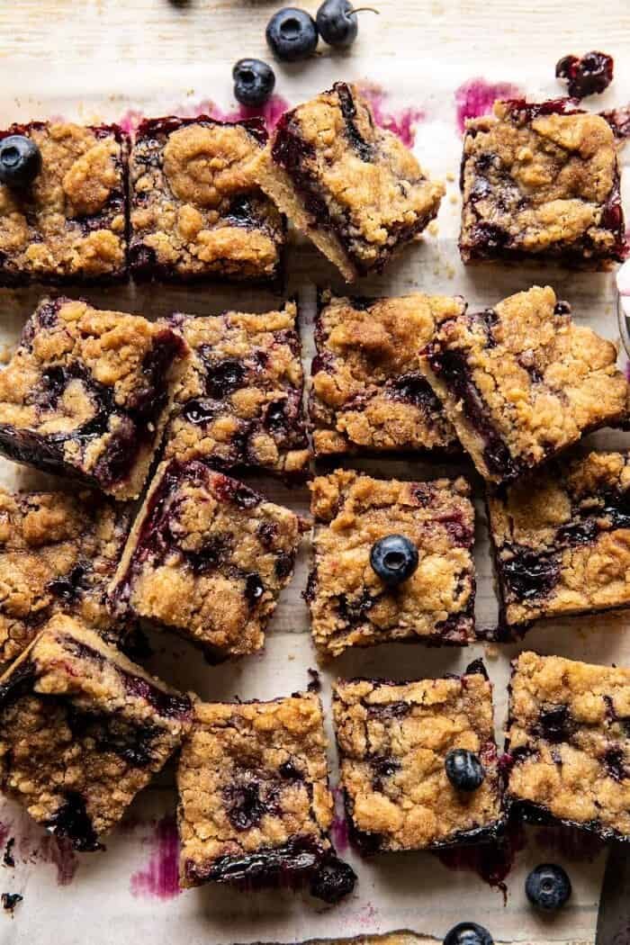 Cinnamon Sugar Blueberry Crumb Bars | halfbakedbarvest.com overhead close up photo of Cinnamon Sugar Blueberry Crumb Bars