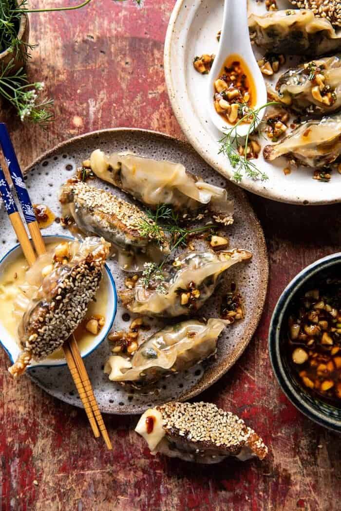 Crispy Sesame Ginger Potstickers with Chive Chili Sauce | halfbakedharvest.com overhead photo of Crispy Sesame Ginger Potstickers with Chive Chili Sauce