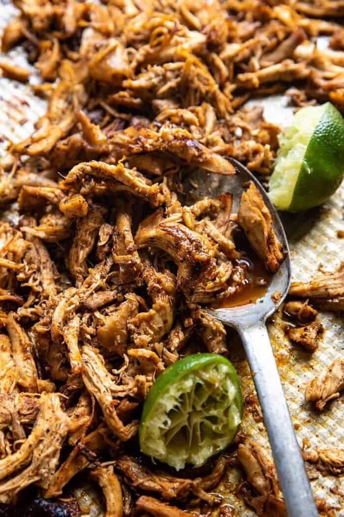 Instant Pot Crispy Carnitas on baking sheet after broiling 