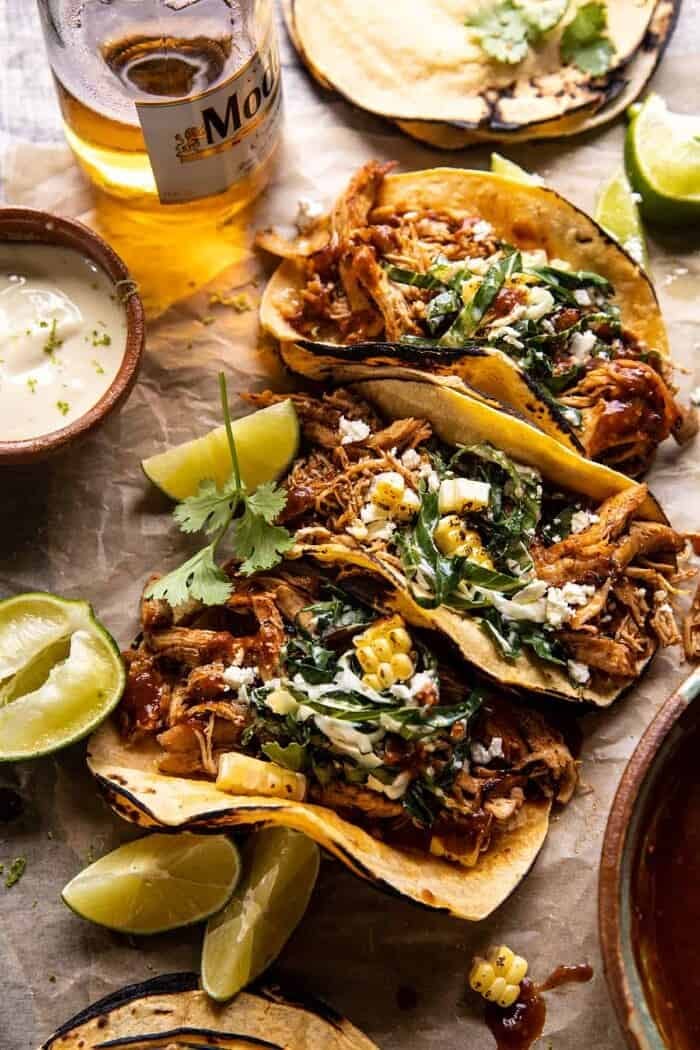 side angled photo of Instant Pot Crispy Carnitas with Chipotle Peach Salsa