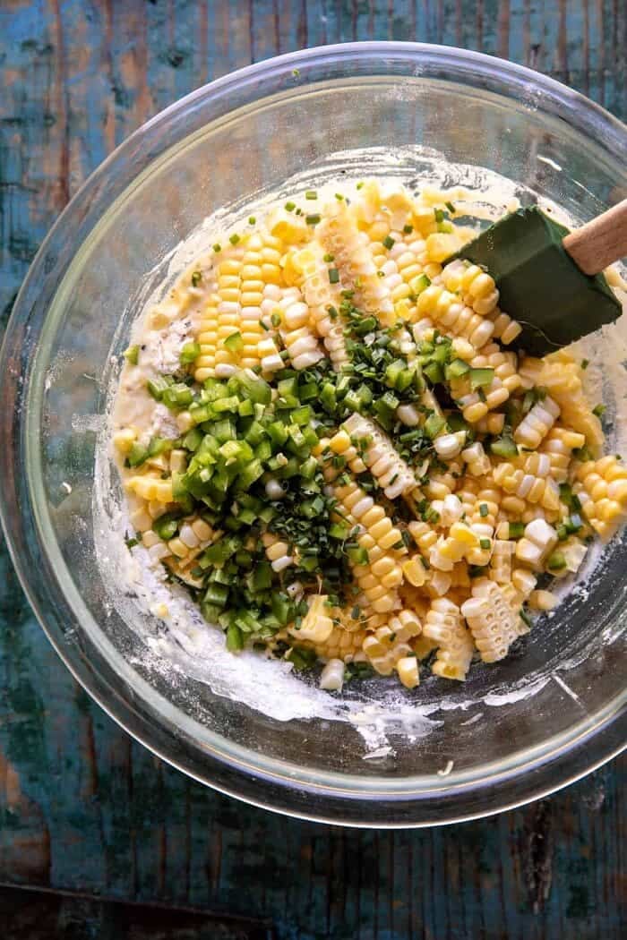 overhead prep photo of Jalapeño Cheddar Corn Fritter batter