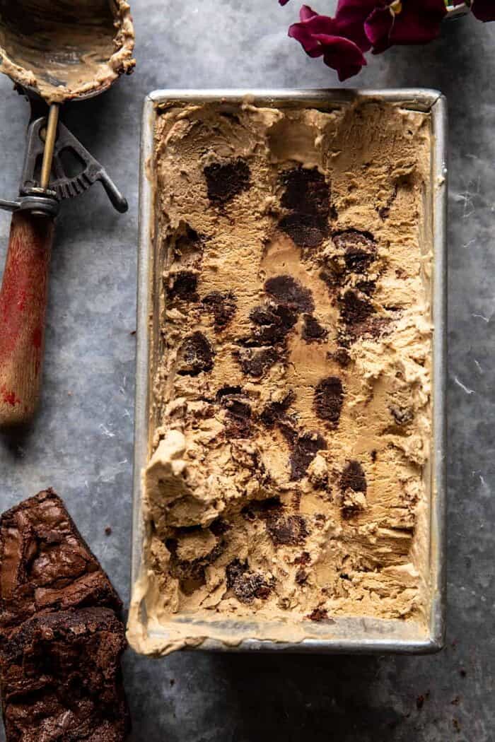overhead photo of No Churn Fudge Brownie Coffee Ice Cream