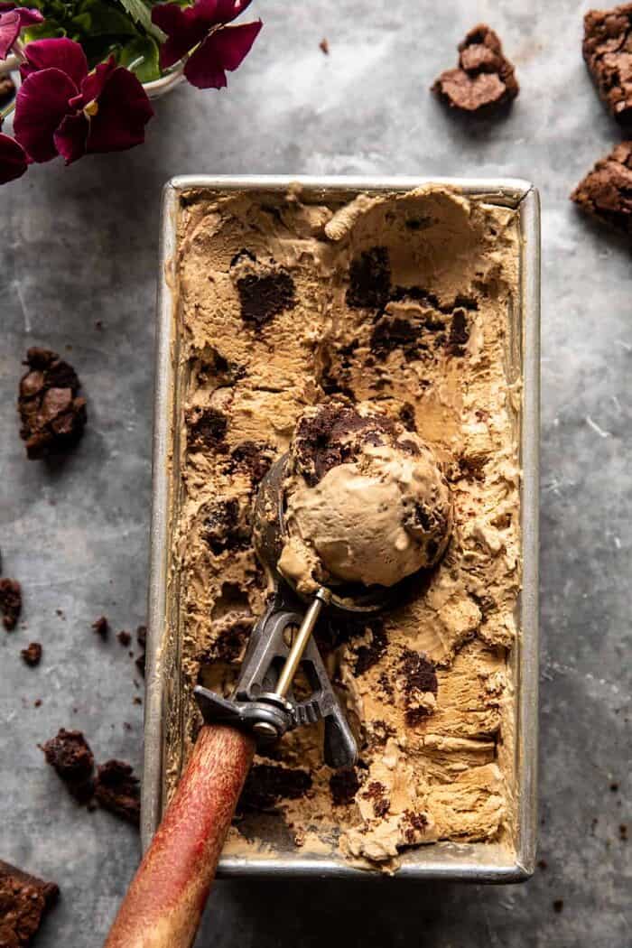 overhead photo of No Churn Fudge Brownie Coffee Ice Cream 