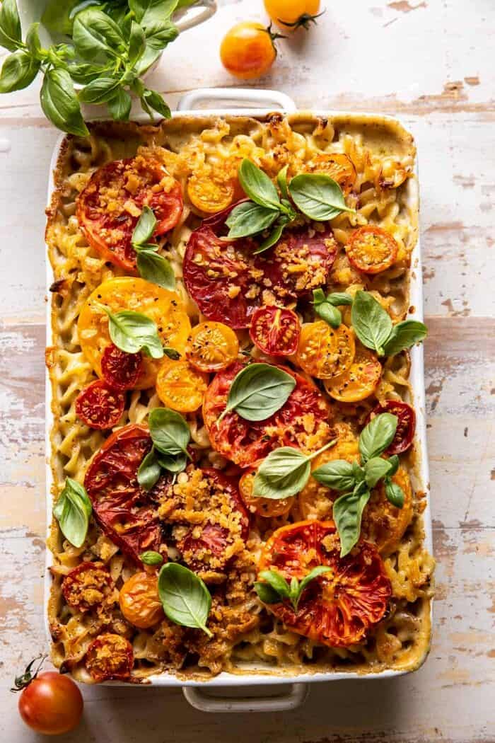One Pot 4 Cheese Caprese Mac and Cheese | halfbakedharvest.com overhead photo of One Pot 4 Cheese Caprese Mac and Cheese