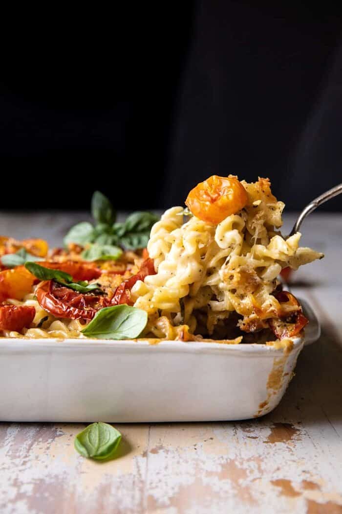 One Pot 4 Cheese Caprese Mac and Cheese | halfbakedharvest.com side angled photo of One Pot 4 Cheese Caprese Mac and Cheese