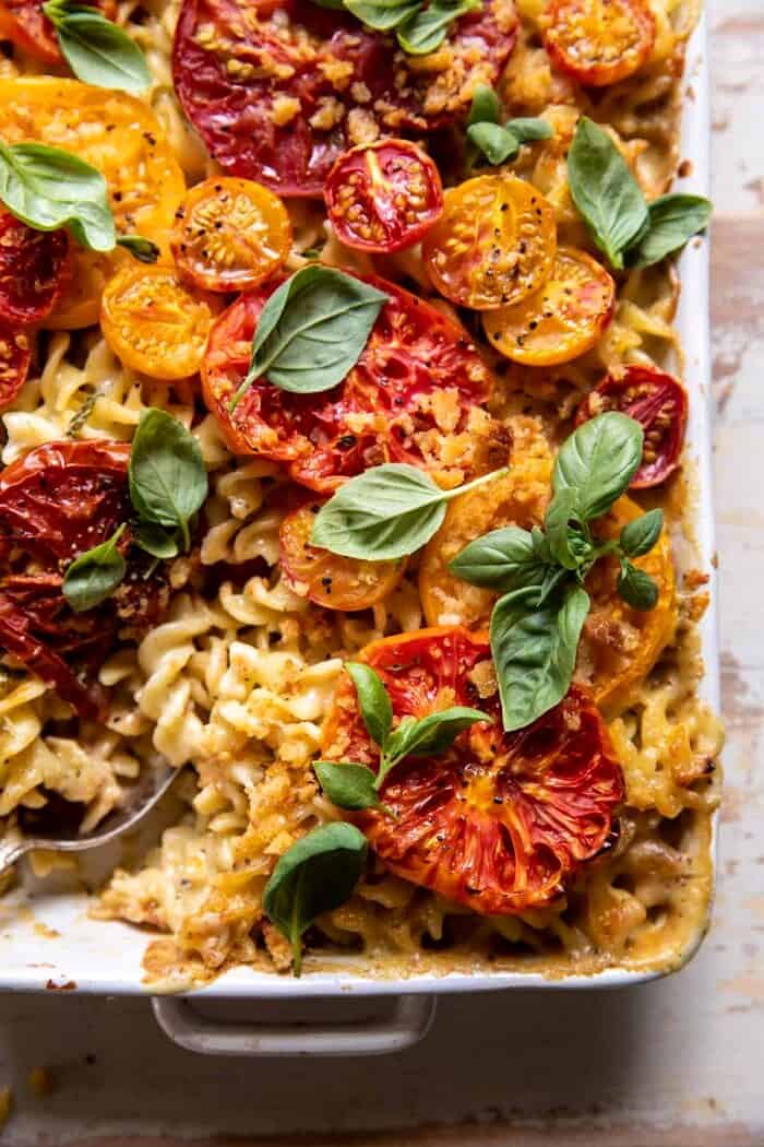 One Pot 4 Cheese Caprese Mac and Cheese | halfbakedharvest.com overhead close up photo of One Pot 4 Cheese Caprese Mac and Cheese