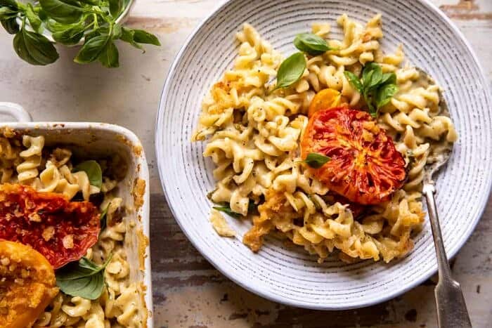 One Pot 4 Cheese Caprese Mac and Cheese | halfbakedharvest.com overhead photo of One Pot 4 Cheese Caprese Mac and Cheese