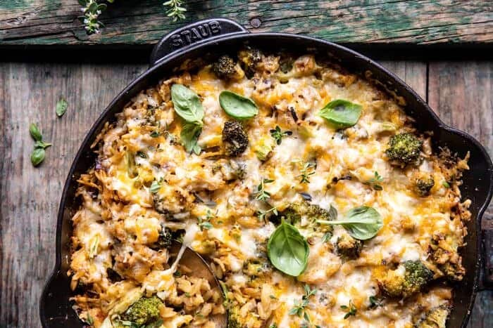 One Skillet Cheesy Broccoli Cheddar Orzo Bake | halfbakedharvest.com overhead horizontal photo of One Skillet Cheesy Broccoli Cheddar Orzo Bake